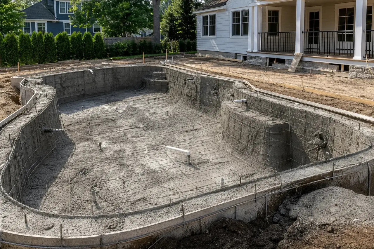 Gunite pool shell under construction