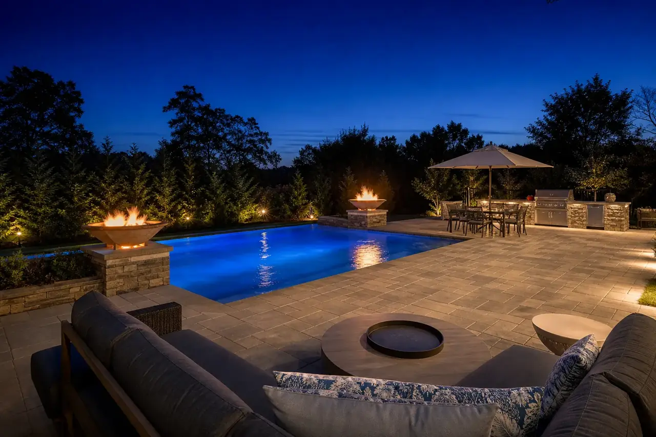 Backyard pool lit at night with fire bowls